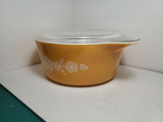 Vintage Corning Pyrex 475 - B Butterfly Gold 2 1/2qt Casserole bowl with lid. 2