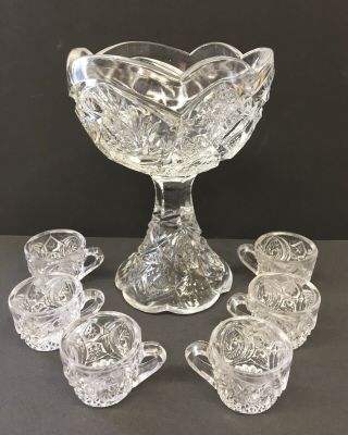 Miniature Punch Bowl & 6 Cups Pinwheel Clear Pattern Glass Eapg Child Doll Size