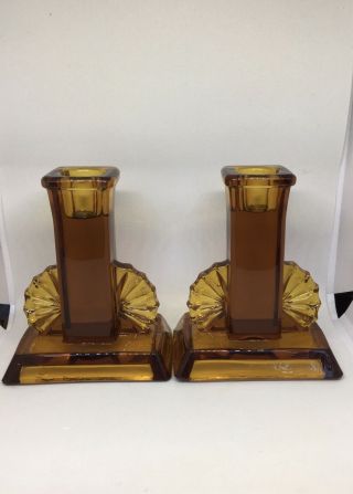 2 X Vintage Fanned Art Deco Amber Glass Candle Sticks Holders Sowerby
