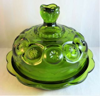 L E Smith Green Moon And Stars Round Butter Cheese Dish With Domed Lid Covered &