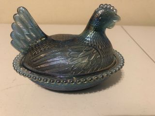 Vintage Carnival Glass Blue Iridescent Hen On Nest Candy Dish 7 " Color