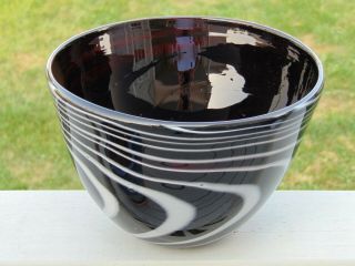 Vintage Murano Studio Hand Crafted Art Glass Heavy Serving Bowl Black Swirl