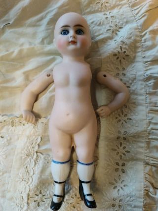Antique German Or French All Bisque Doll 8 " Tall Big Blue Glass Eyes
