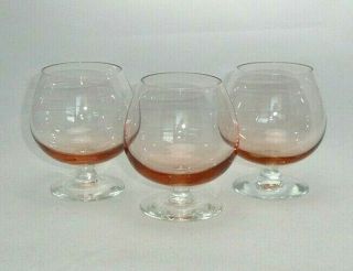 Vintage Set Of 3 Pink Cognac Brandy Snifter Glasses Clear Stem
