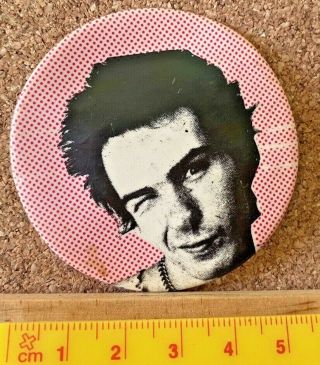 Two Vintage 1980s Sid Vicious Sex Pistols Punk Rock Tin Dustbin Lid Badge Fronts
