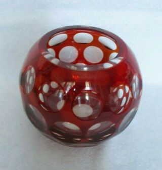 Vintage Ruby Red Art Glass 5 " Rose Vase Bowl Layered Coin Dots,  Cut To Clear