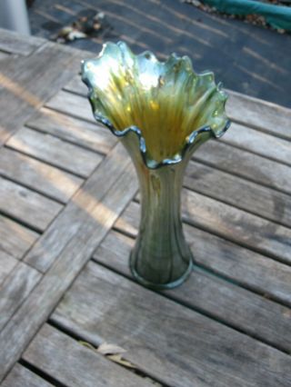 11 1/2 " Fenton Green Blue Pink & Gold Mirrored Vase Carnival Iridescent Glass