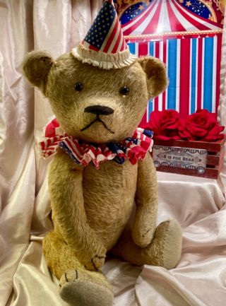 24 " Early Antique American 1914 Mohair Teddy Bear Custom Usa Flag Hat And Collar