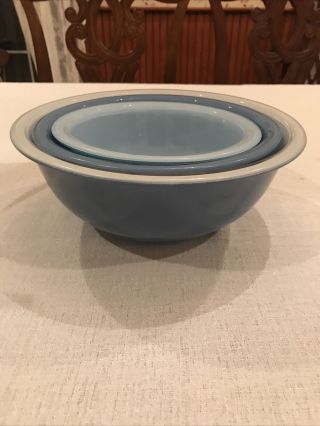 Vintage Clear Pyrex Mixing Bowl Set Of 3 Shades Of Blue 1 L 1.  5 L And 2.  5 L