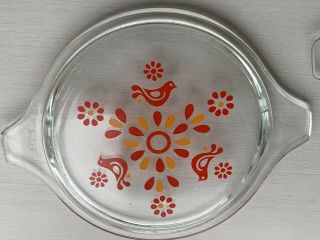 Vintage Pyrex Friendship Small Glass Casserole Dish Lid Bird Flowers Red Orange