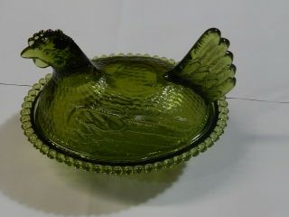 Vintage Indiana Glass Green Glass Hen On Nest Covered Dish Beaded Edge