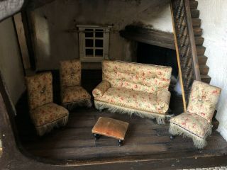 Antique German Biedermeier Dolls House Sofa,  Chairs And Footstool