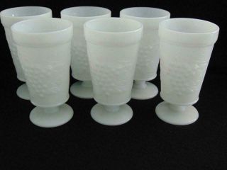 Set Of 6 Vintage White Milk Glass Footed Goblets W/grapes,  Leaves,  Vines -