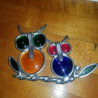 Vintage Stained Glass Window Hanging Suncatcher Two Owls 2