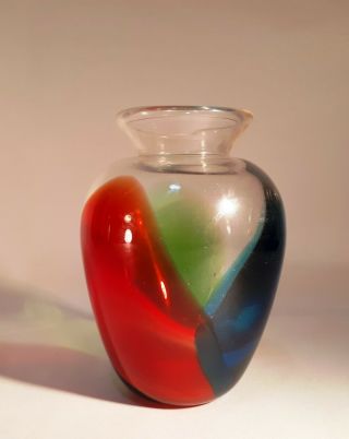 Vintage Mcm Hand - Blown Art Glass Vase.  Red/ Green/ Blue Colour Trinity In Clear