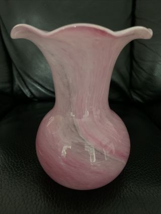 Vintage Art Glass Vase With Pink Swirls Hand Blown Fluted Top 5” Tall