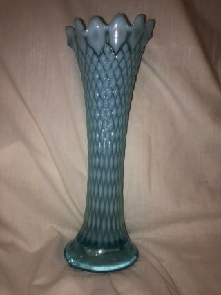 Antique Vintage Northwoods 10.  5” Diamond Point Swung Vase Blue Opalescent 1908