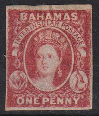 Bahamas 1859 1d Dull Lake Sg 2 - 65 Gbp Mh.  Scarce & Rare