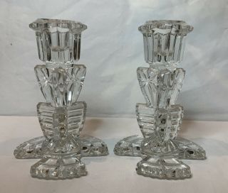 2 Bagley Duchess Pattern 3103 Vintage Clear Pressed Glass Art Deco Candlestick