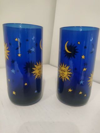 Vtg Set Of 2 Libbey Cobalt Blue Celestial Sun,  Moon And Stars Tumbler Glasses