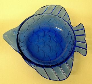 Antique Hazel Atlas Art Deco Depression Glass Cobalt Blue Fish Tray Bowl Dish