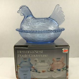 Vintage Indiana Glass Blue Hen On Nest Candy Dish 4901