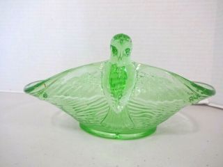 Fenton Green Uranium Depression Glass Dish With Bird Handles