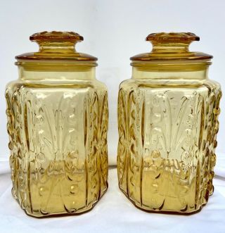 Vintage L.  E.  Smith/imperial Amber Atterbury Scroll Pattern Canisters - Set Of 2