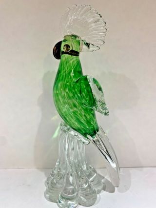 Vintage Murano Venetian Green Glass Parrot Cockatoo Bird Italy 9” No Reserves