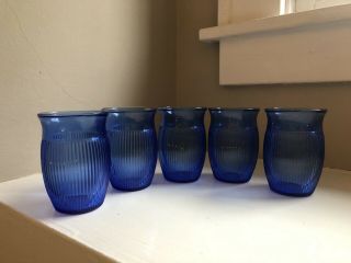 Vintage Set Of 5 Hazel Atlas Cobalt Blue Ribbed Juice Glasses 3 1/4”