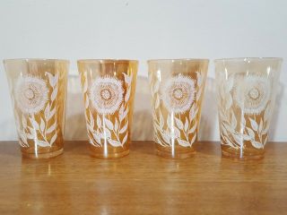 Vintage Set Of 4 Floral Design Orange Amber Iridescent Tumblers Glasses 4.  5 "