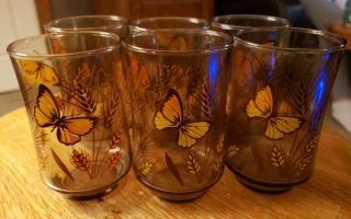 Vintage Set Of 6 Libbey Juice Glasses Monarch Butterfly Wheat Libby Amber Brown