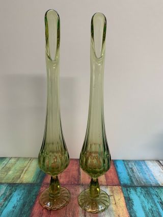 Vintage Fenton Mcm Swung Glass Colonial Green Thumb Print Footed Vase 2 12”tall