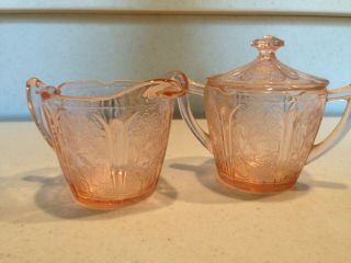 Jeanette Cherry Blossom Pink Depression Glass Creamer And Sugar Bowl With Lid