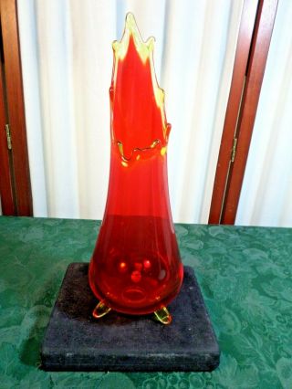 Vintage Amberina Art Glass Tri - Footed Jagged Edge Designed Vase