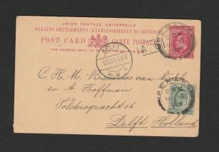 Straits Settlement Penang 1908 Stationery Postcard To Delft Holland