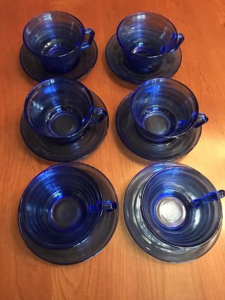 Vintage Depression Glass Cobalt Blue Modern Tone 6 Cups And Saucers