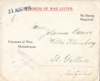 India 1916 Prisoners Of War Cover From Ahmednagar Camp To Switzerland