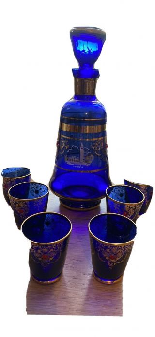 Vintage Venetian Blue Decanter And 6 Glasses