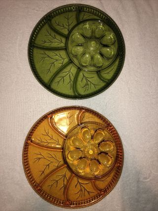 2 Vintage Green And Amber Indiana Glass Relish Platters