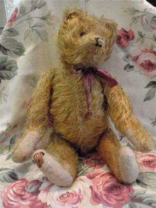 Cute 15 " Old Gold Mohair Jointed Teddy Bear Excelsior Stuffed Long Arms & Feet