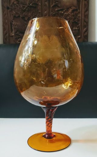 Vintage Empoli Style Glass Brandy Snifter Amber Quilted Optic Swirl Stem 13 "