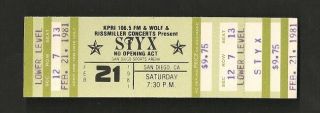 Styx 1981 Full Concert Ticket San Diego Sports Arena. .  $24.  95