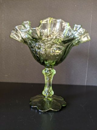 Vintage Green Fenton Ruffled Edge Colonial Rose Compote Candy Dish