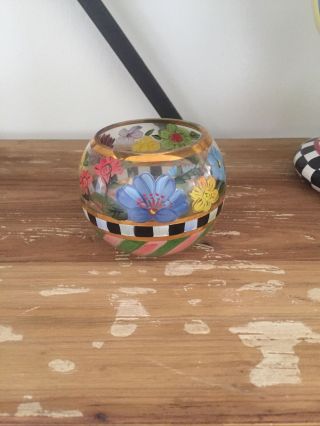 Mackenzie - Childs Hand Painted Glass Bowl Candle Holder W/ Flowers Gold Bands