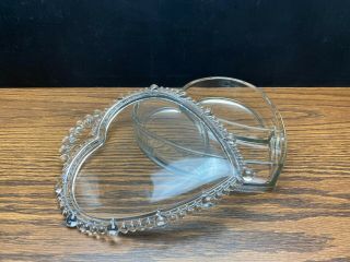 Vintage Clear Glass Heart Shaped Divided Candy Dish With Lid Vermillion Pattern