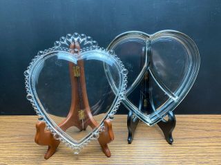 Vintage Clear Glass Heart Shaped Divided Candy Dish with Lid Vermillion Pattern 3