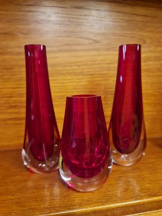 Vintage Trio Ruby Whitefriars Glass Vases Teardrop Vase 9571 Stunning