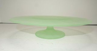 Vintage Frosted Green Uranium or Vaseline Glass Footed Depression Cake Plate 8 