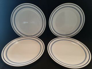 Set Of 4 Corelle Corning Classic White Blue Stripe Rim Cafe Dinner Plates 10.  25 "